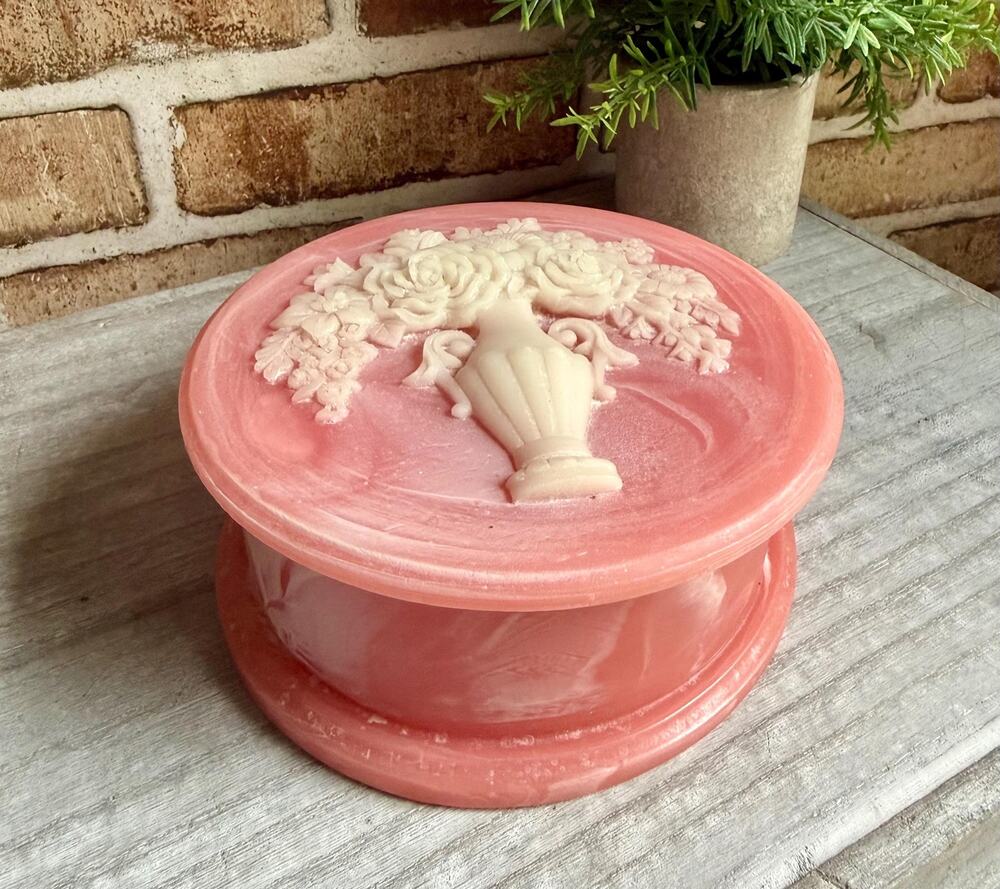 Vintage Incolay Stone Trinket Box | Pink Floral Cameo Jewelry Box